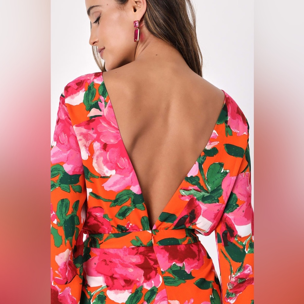 Lulu's Sweetest Song Orange Floral Romper Low V Back Long Sleeve Size S - Picture 4 of 15